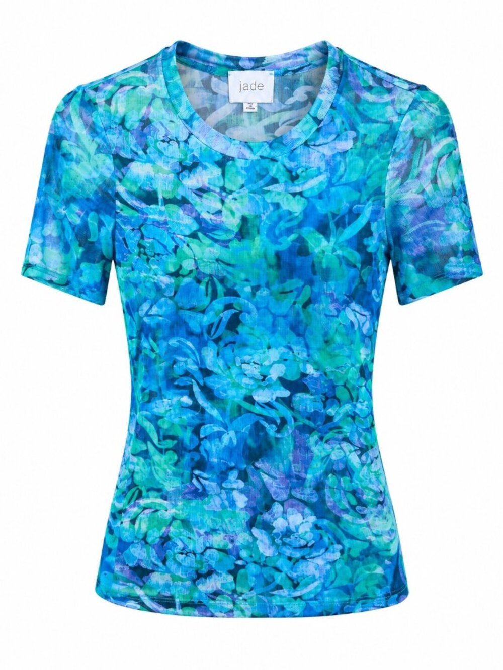 Jade Blue & Green Floral Mesh Short Sleeve Top XS Lightweight Stretch
